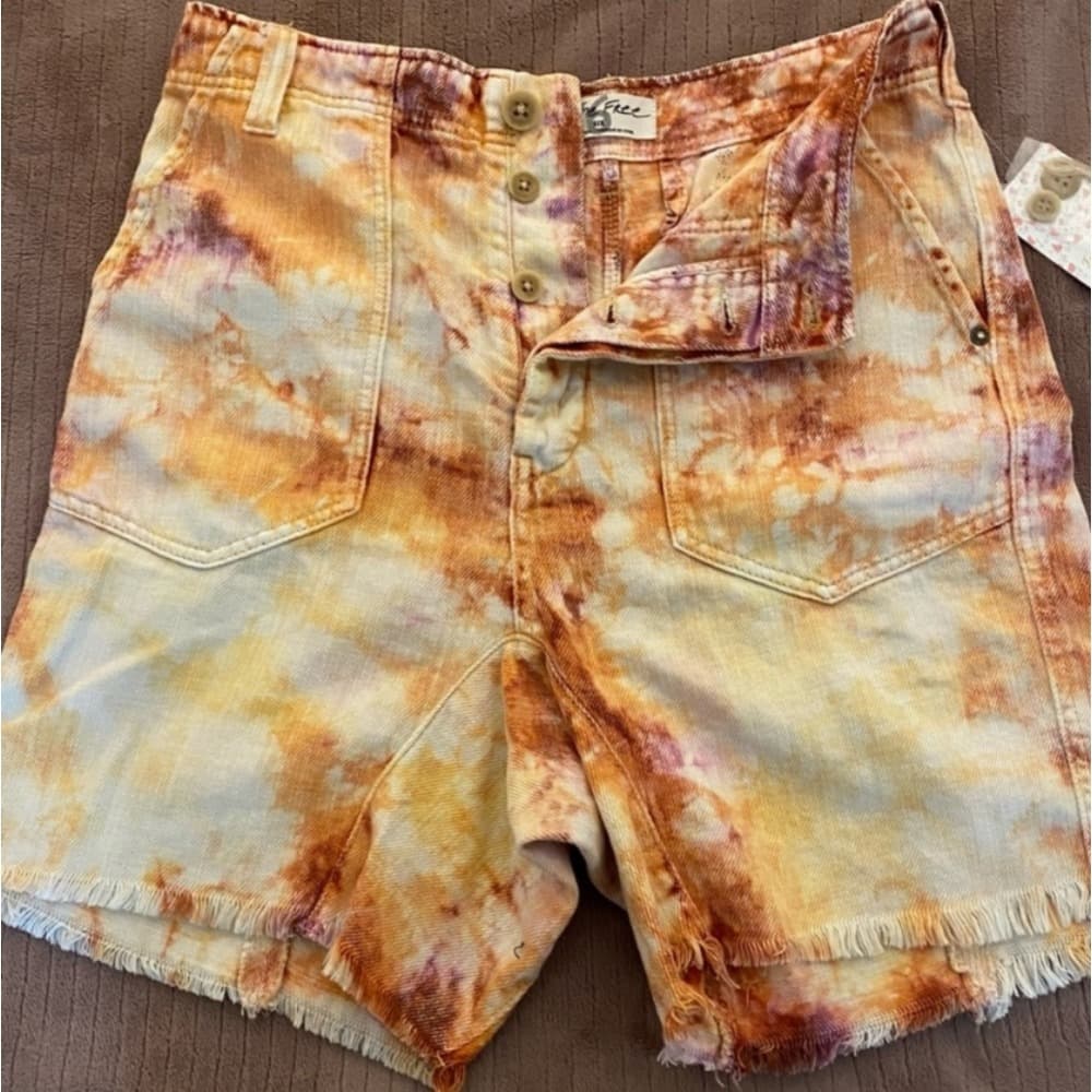 We The Free Tie-Dye Denim Shorts in Orange and Purple - Image 1