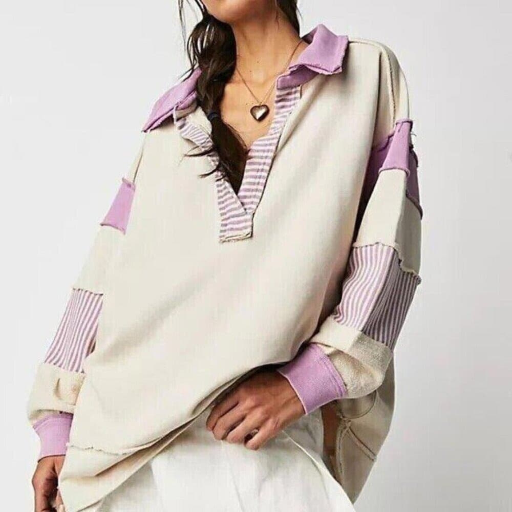 Free People Cream and Lavender Oversized Pullover Sweatshirt - Image 1