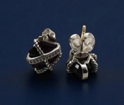 David Yurman Sterling Silver Black Onyx and Diamonds Cable Wrap Stud Earrings