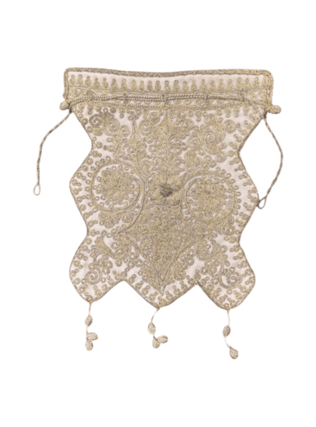 Antique Ottoman 19th Century Collectable Gold Gilt Thread Embroidered Soft Ivory Purse