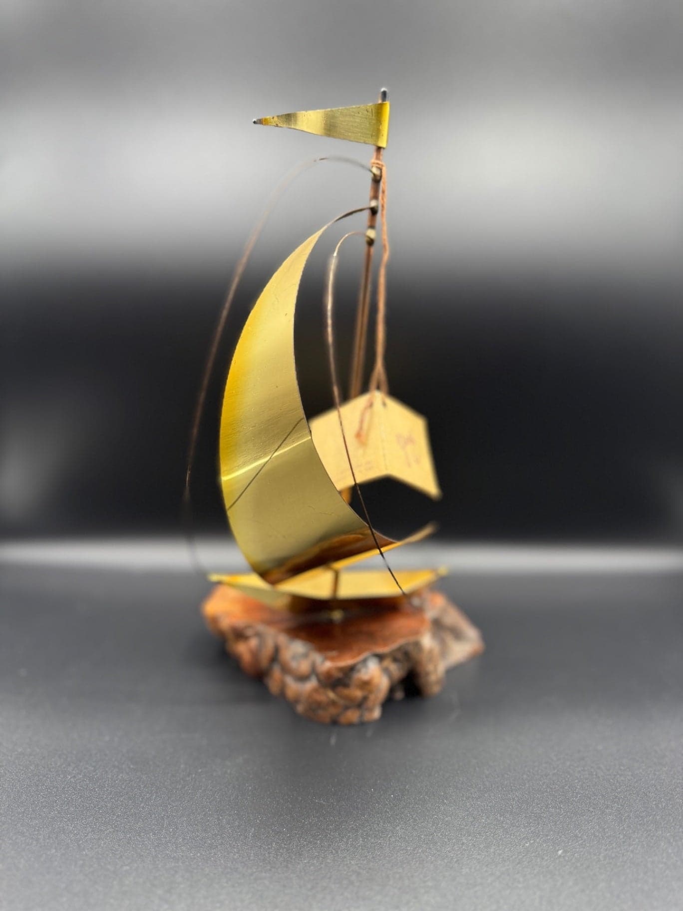 1981 Brass & Burlwood Sailboat Statue - Image 1