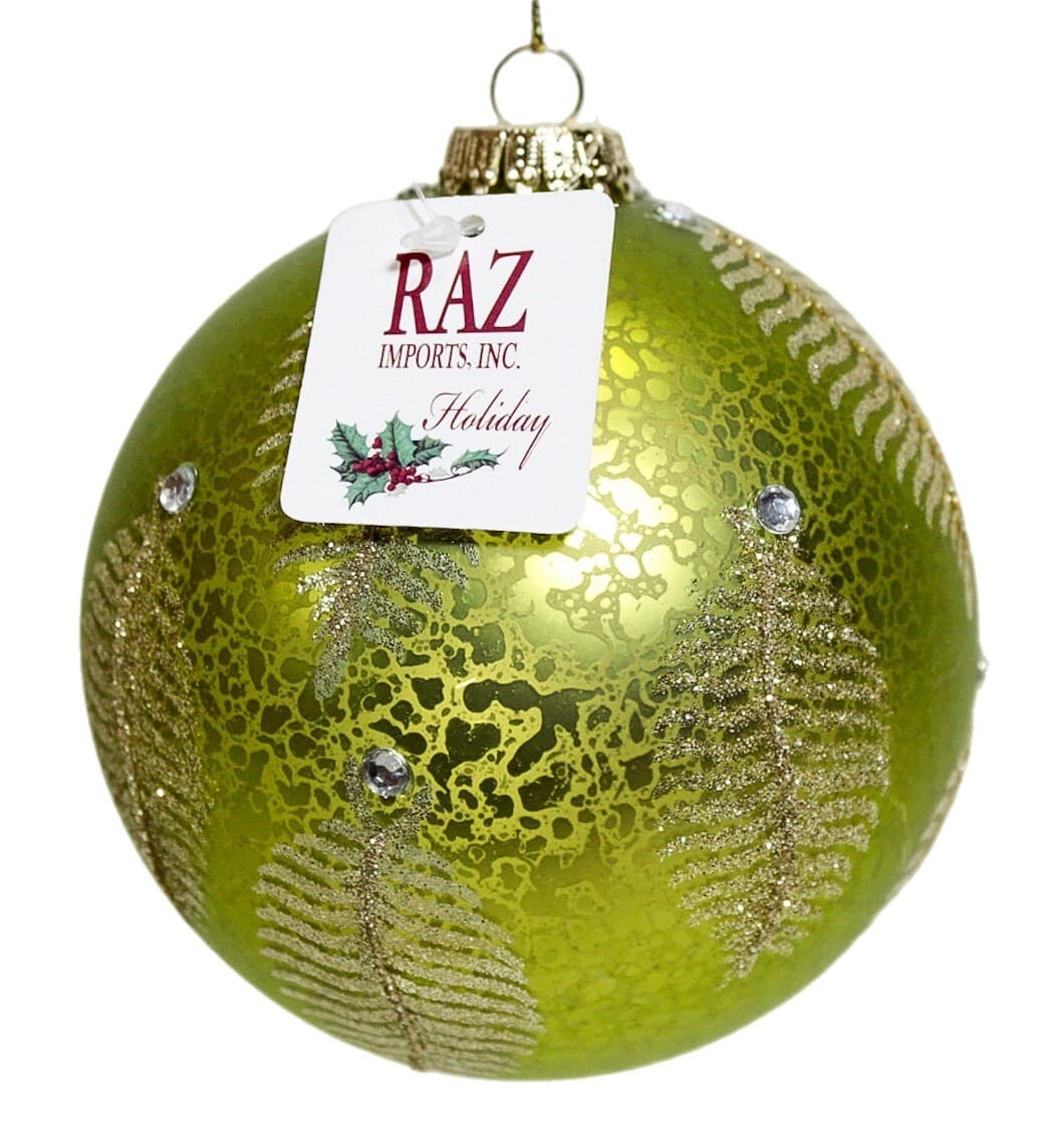 RAZ Imports Inc. Holiday Large Glass Green Leafs & Jeweled Christmas Ornament - Image 1