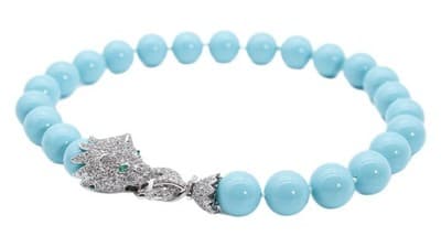 Vtg Sterling Silver Natural Turquoise CZ & Emerald Lion Clasp Beaded Necklace - Image 1
