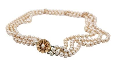 Vintage Faux Pearl Gold Tone Textured Floral Clasp Triple Strand Beaded Necklace - Image 1