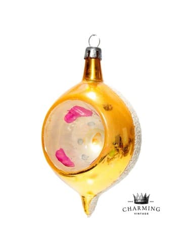 Vtg Poland Fantasia Teardrop Indent Yellow White Mica Glass Christmas Ornament - Image 1