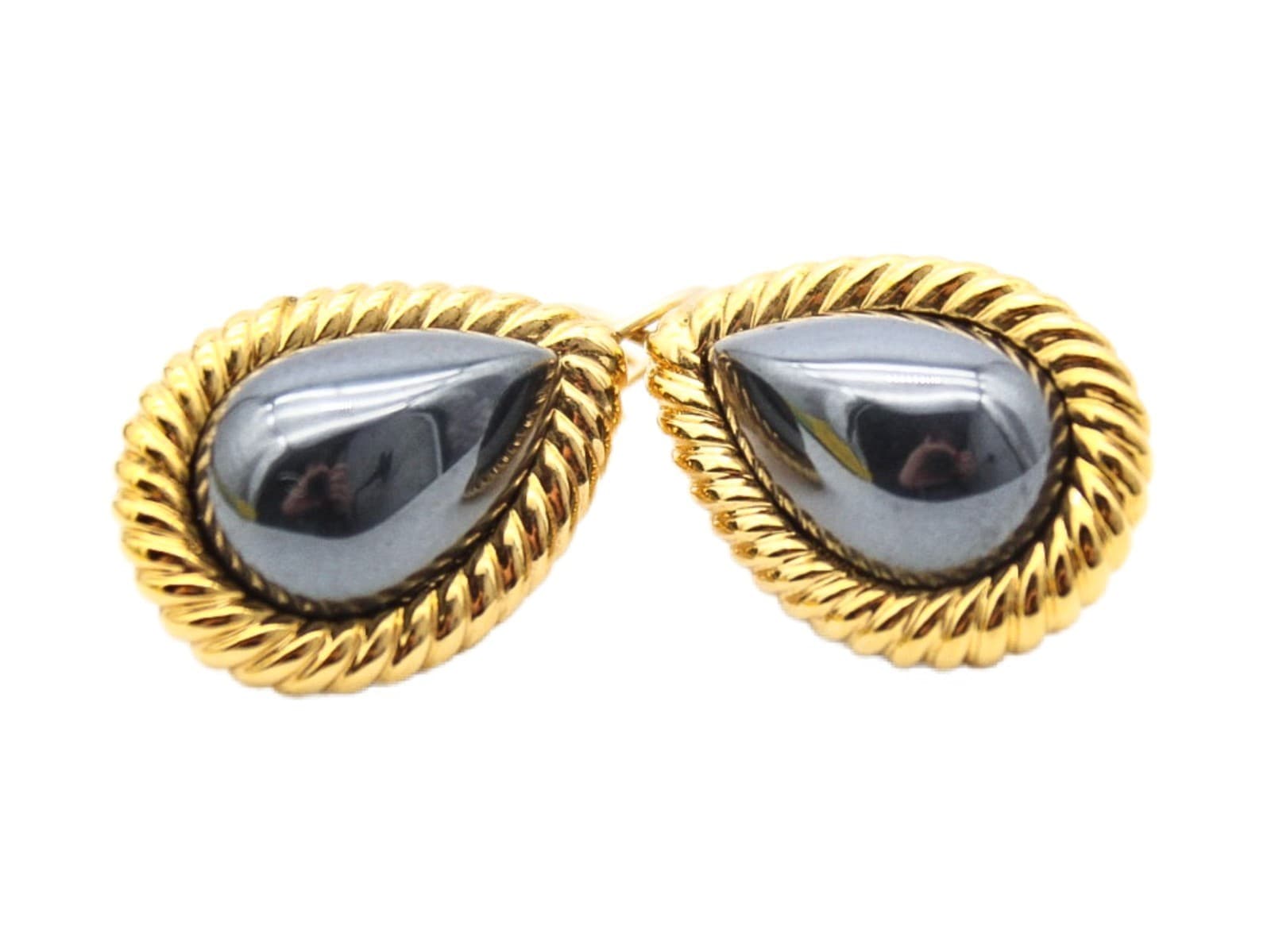 Kenneth Jay Lane KJL Hematite Pear Shape Rope Setting Lever Back Earrings - Image 1