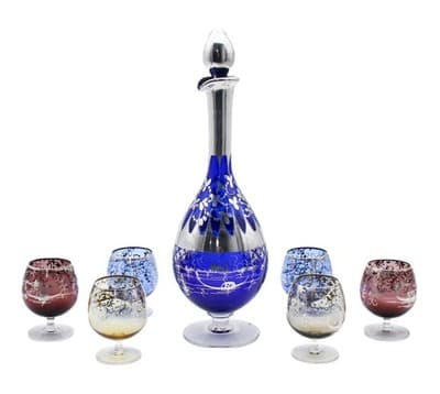 Nachtmann Bohemian Crystal Cobalt Blue Sterling Silver Overlay Decanter Set 7pcs - Image 1