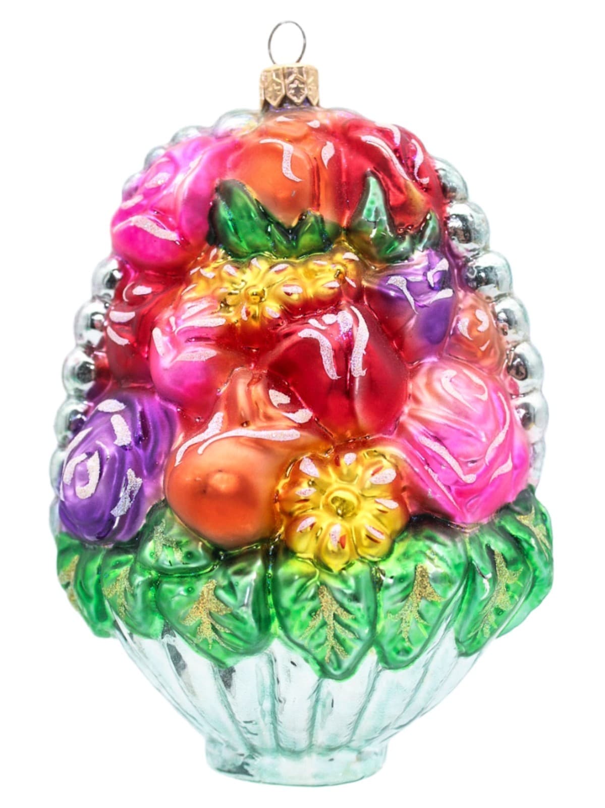 1998 Christopher Radko Flower Basket Hand Painted Glass Christmas Ornament 5.5" - Image 1