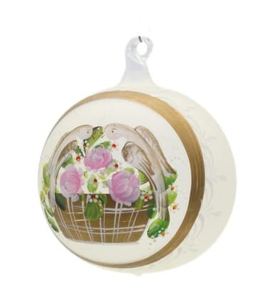 Vintage Hand Painted Love Doves In Flower Basket Glass Christmas Ornament - Image 1