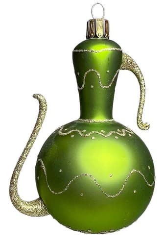 Vintage Czech Bohemian Glass Green Gold Carafe Motif Christmas Ornament - Image 1