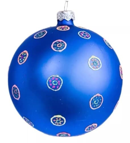 Vintage Round Blue w/ Glitter Design Blown Glass Christmas Ornament - Image 1