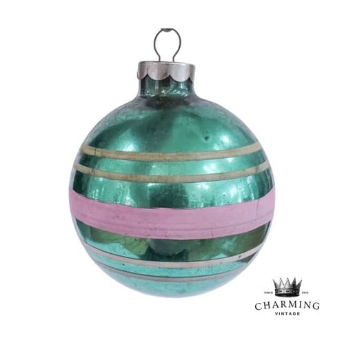Vintage Mercury Striped Green Glass Hand Painted Christmas Ornament - Image 1