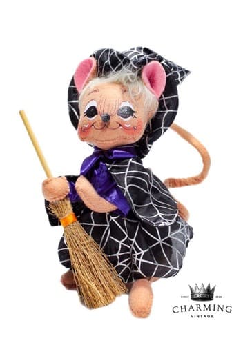 Vintage 2012 ANNALEE Mobilitee SPIDER WEB WITCH MOUSE Halloween Artisan Doll 9" - Image 1