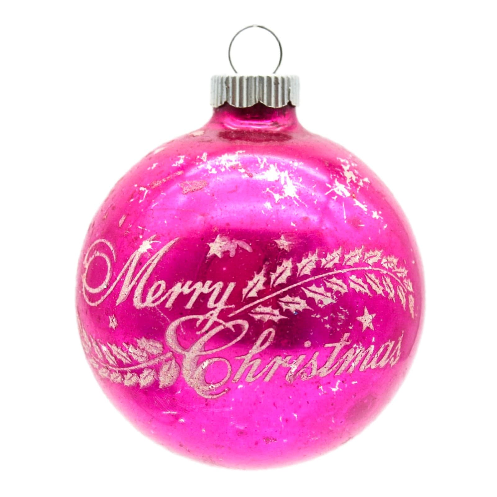 Shiny Brite U.S.A. Pink Vintage Merry Christmas Stencil Ball Glass Ornament 2.5" - Image 1