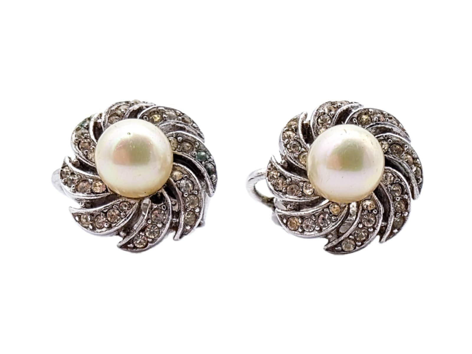 Majorica Silver Tone Rhinestone & Faux Pearl Floral Clip-On Earrings Vintage - Image 1