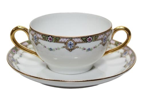 LIMOGES France Clairette Gilt Handles Porcelain Boullion Cup & Saucer - Image 1