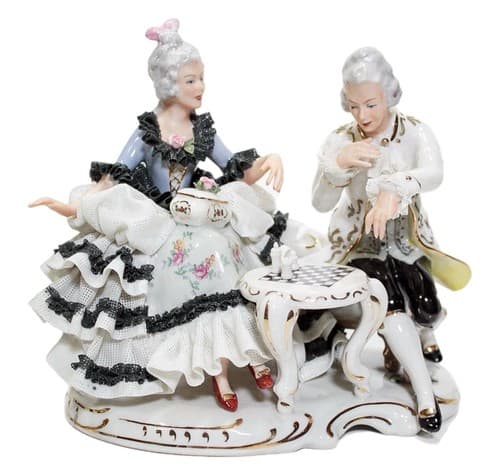 Antique Germany Lace Dresden Couple Playing Chess Porcelain Figurine - Image 1