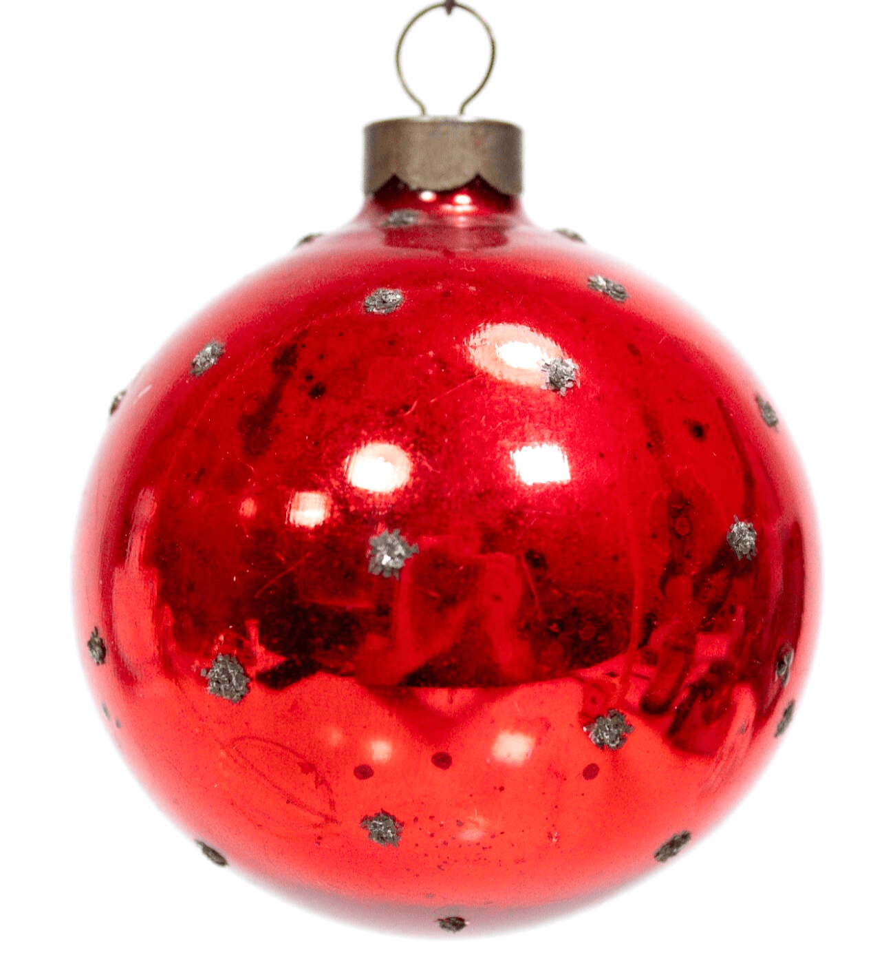 Vintage Red Black Glitter Polka Dots Round Glass Christmas Ornament - Image 1