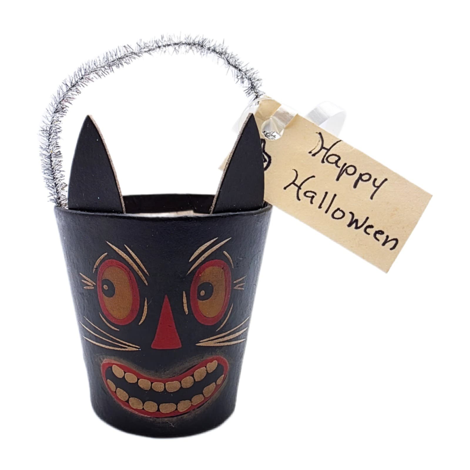 Bethany Lowe Designs Halloween Paper Mache Cat Small Bucket Container With Tag - Image 1