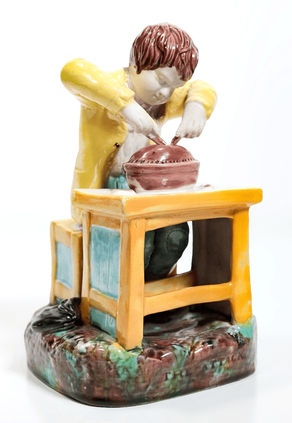 Antique "The Attack" Boy Eating Pie Multicolor Ceramic Sculpture Figurine - Image 1