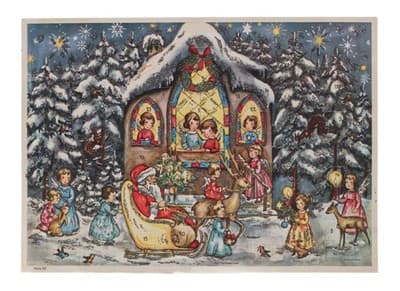 Vtg German Winter Festive Children & Animals Paper Christmas Advent Calendar - Image 1