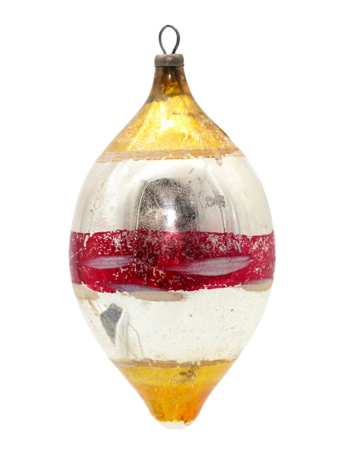 Vintage Germany Poland Hand Painted Striped Red Gold Teardrop Glass Ornament - Image 1