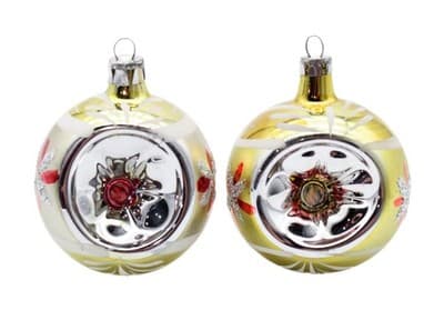 Pair Vintage Indent Reflector Mica Stencil Yellow Glass Christmas Ornaments - Image 1