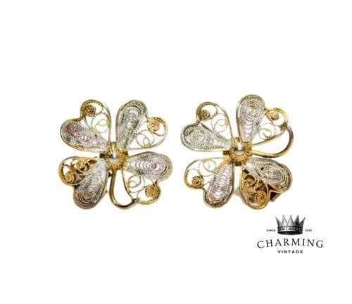 Vintage 800 European Silver Two Tone Filigree Floral Motif Clip-On Earrings - Image 1