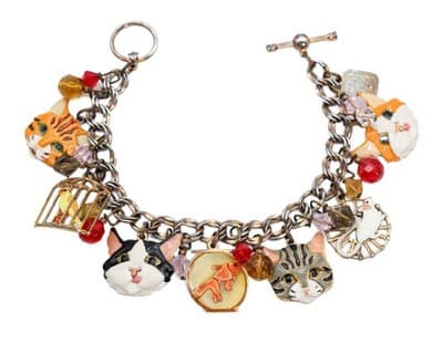 LUNCH AT THE RITZ Enamel Multi Charm Cats Mouse and Bird in Gilt Cage Bracelet - Image 1