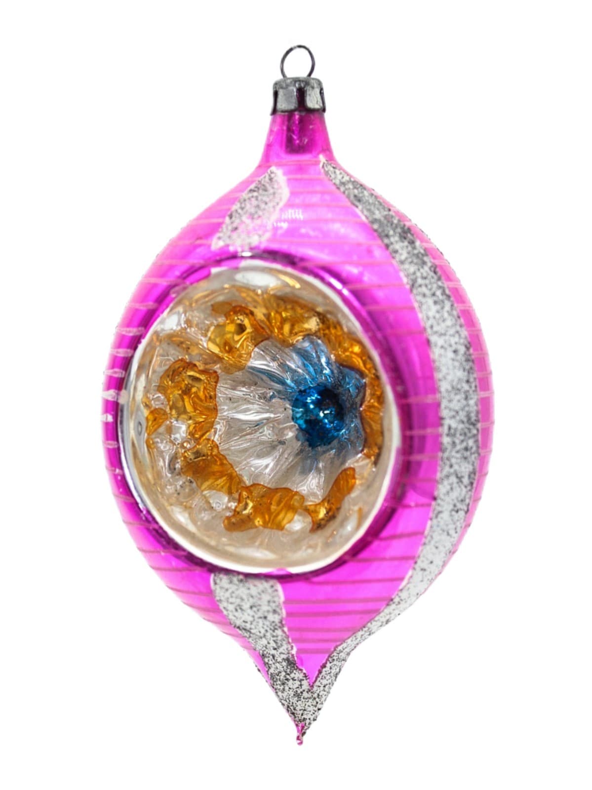 Vintage Poland Reflector Mica Pink Silver Teardrop Glass Christmas Ornament 4" - Image 1