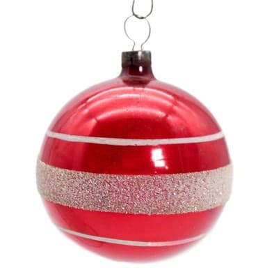 Vintage SHINY BRITE Glittered Striped Red Ball Glass Christmas Ornament - Image 1