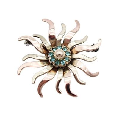 Vintage L.S. Co Deco Style Sunburst 12k Gold Filled Aqua Rhinestone Pin Brooch - Image 1