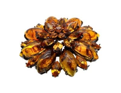 Vintage Baltic Amber & Amber Crystal Faceted Floral Motif Pin Brooch - Image 1