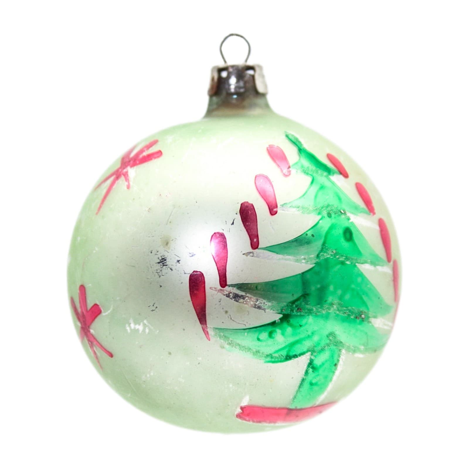 Vintage Made In Poland Hand Painted Christmas Tree Motif Glass Ornament 2.5" - Image 1