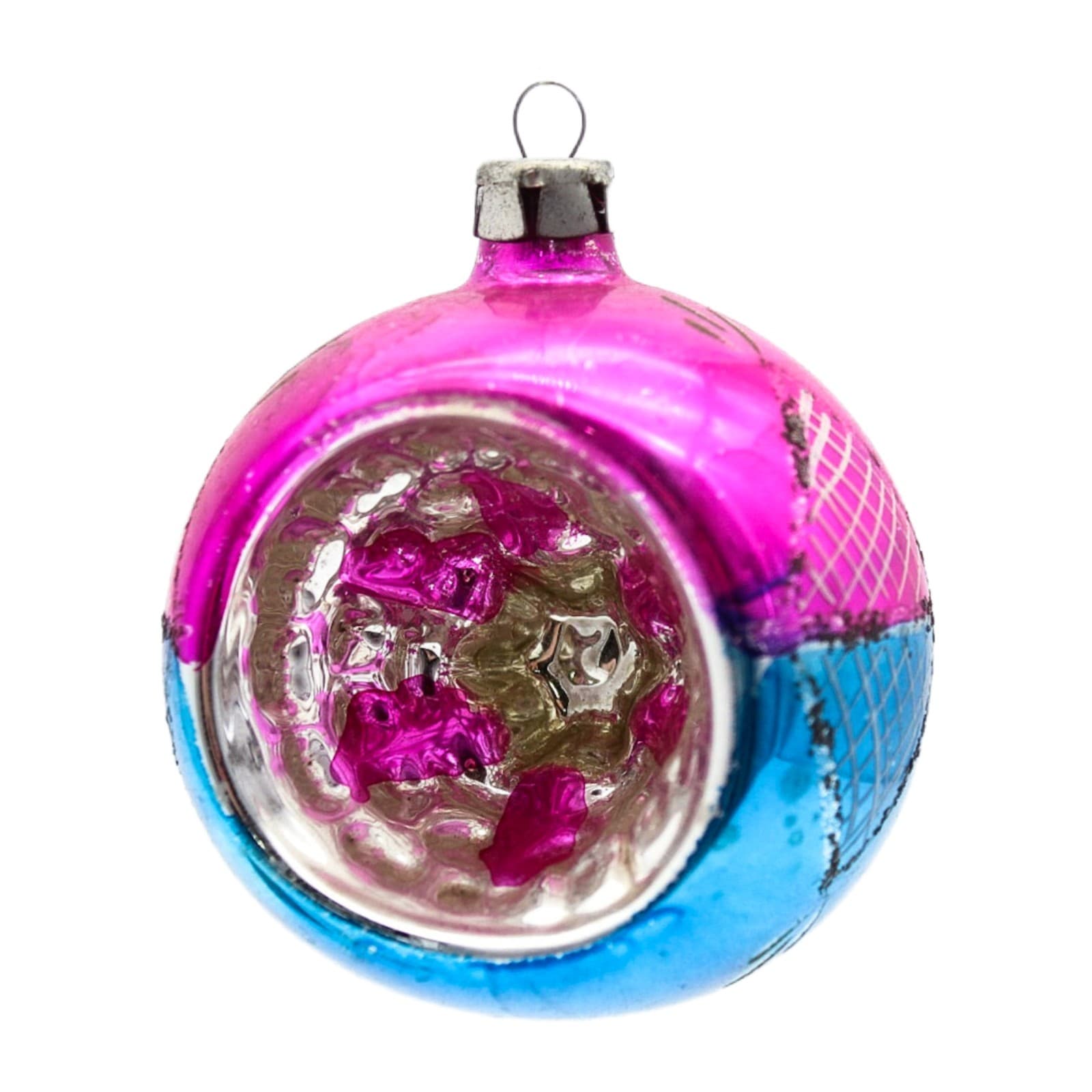 Vintage Poland Indent Reflector Pink Blue Mica Glass Christmas Ornament 2.5" - Image 1