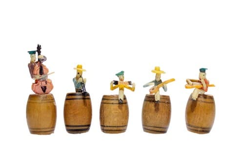 Vtg Set of 5 Japan Seated Beer Barrel Wood Band Music Band Miniature Figurines - Image 1