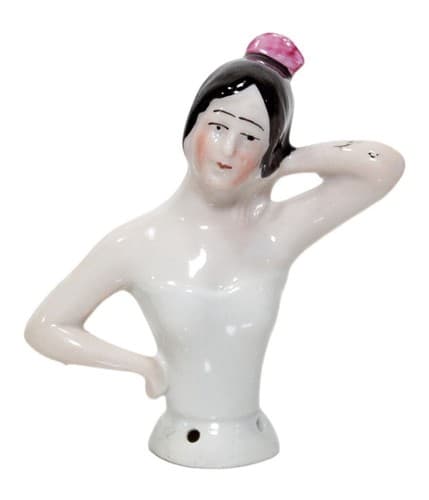 Antique German Porcelain Woman Pin Cushion Nude Half Doll with Black Hair - Image 1