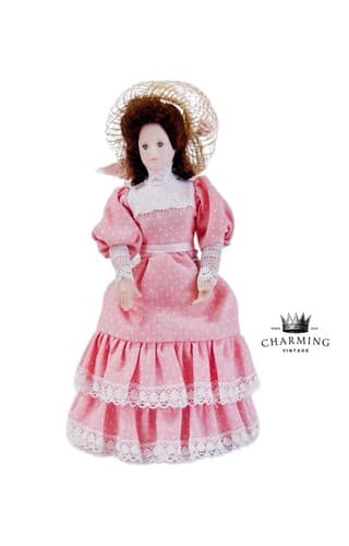 Vintage Victorian Gibson Girl w/ Pink Dress and Hat Miniature Porcelain Doll - Image 1