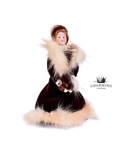 Vintage Royal Brown Velvet and Fur Outfit Miniature Porcelain Doll - Image 1
