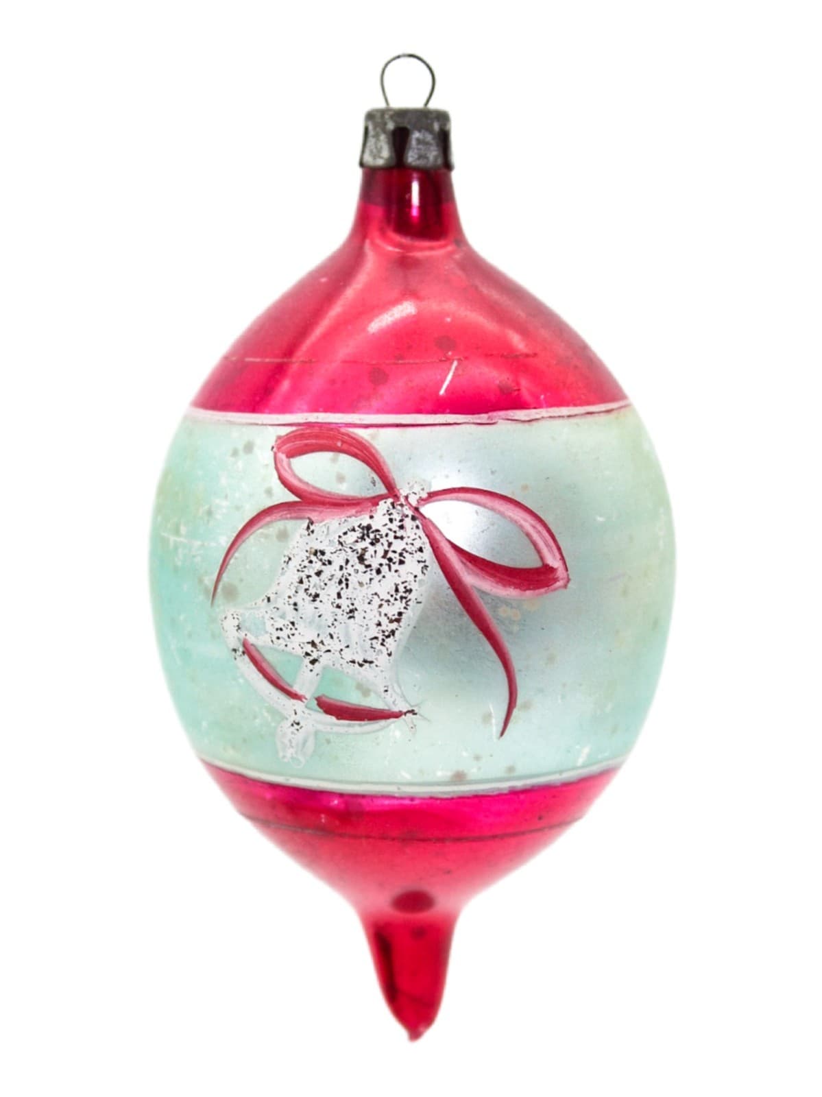 Poland Hand Painted Teardrop Silver Pink Mica Bell Glass Christmas Ornament Vtg - Image 1