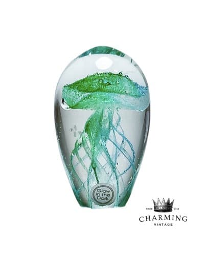Vintage Glow In The Dark Art Glass Jelly Fish Green Paperweight Figurine - Image 1