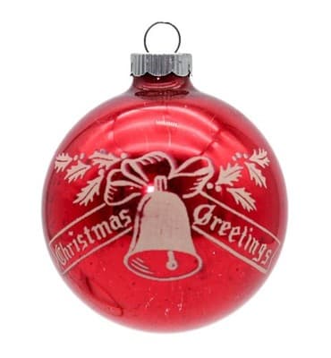 Shiny Brite Stencil Christmas Greetings Holly Bell Glass Red Ornament Vintage - Image 1