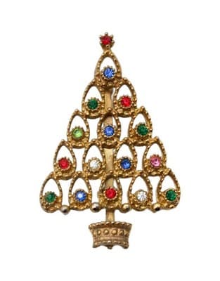 Vintage Gold Tone Multicolor Rhinestone Christmas Tree Motif Pin Brooch - Image 1