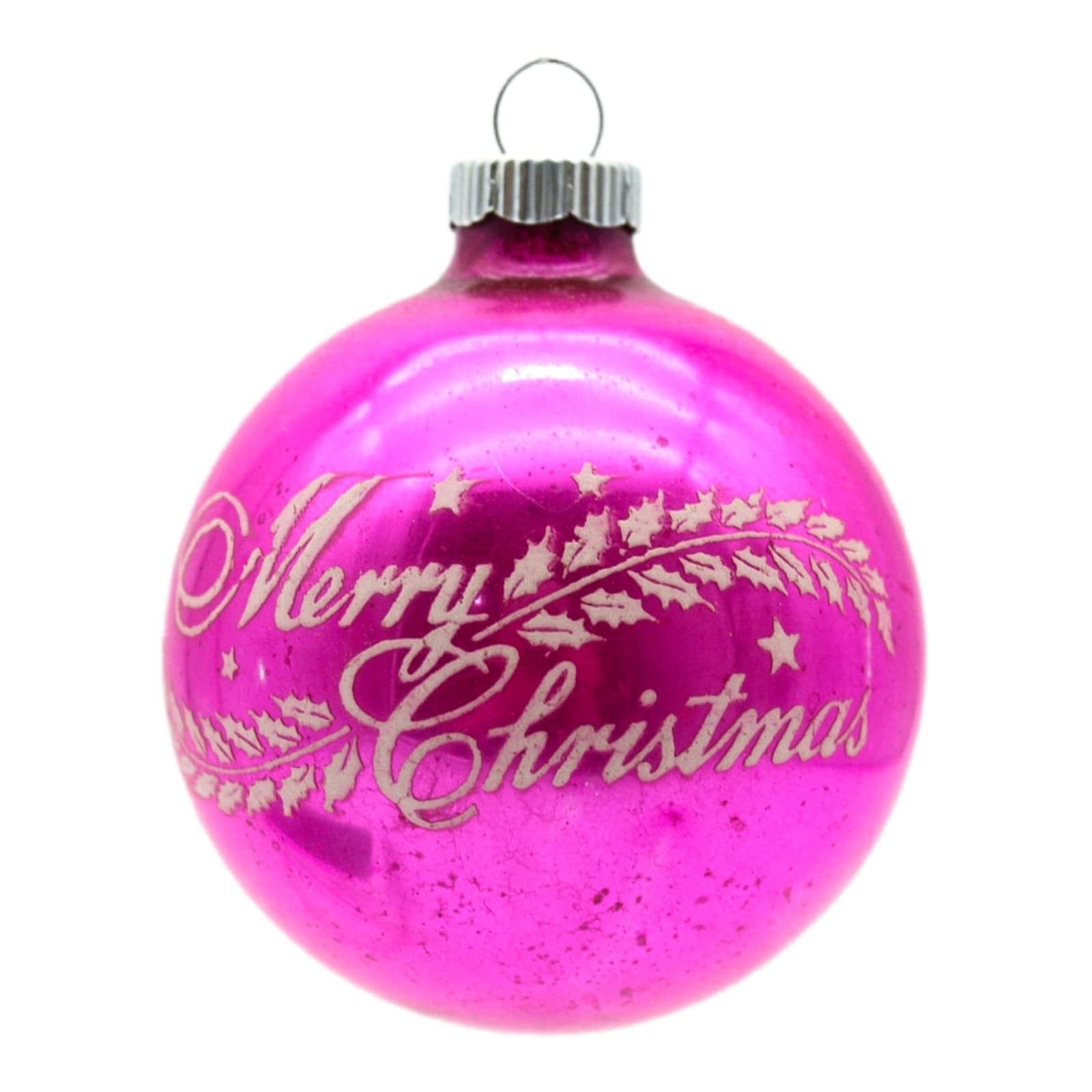 Shiny Brite Vintage Hot Pink Merry Christmas Stencil Glass Christmas Ornament - Image 1