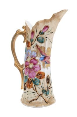 Antique Hand Painted Floral Gold Gilt Handled Porcelain Ewer Creamer Vase - Image 1