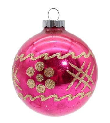 Vintage SHINY BRITE Hot Pink Gold Mica Glitter Glass Ball Christmas Ornament - Image 1