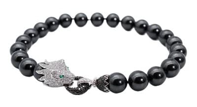 Vtg Sterling Silver Natural Black Agate CZ & Emerald Lion Clasp Beaded Necklace - Image 1