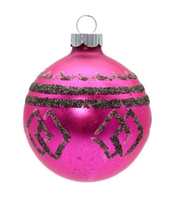 Shiny Brite Vintage Fuchsia Black Mica Decorated Glass Ball Christmas Ornament - Image 1