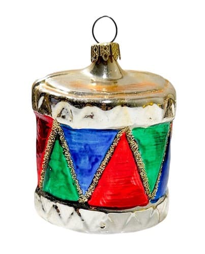 Vintage Red Green Blue West Germany Glass Mica Drum Christmas Ornament - Image 1