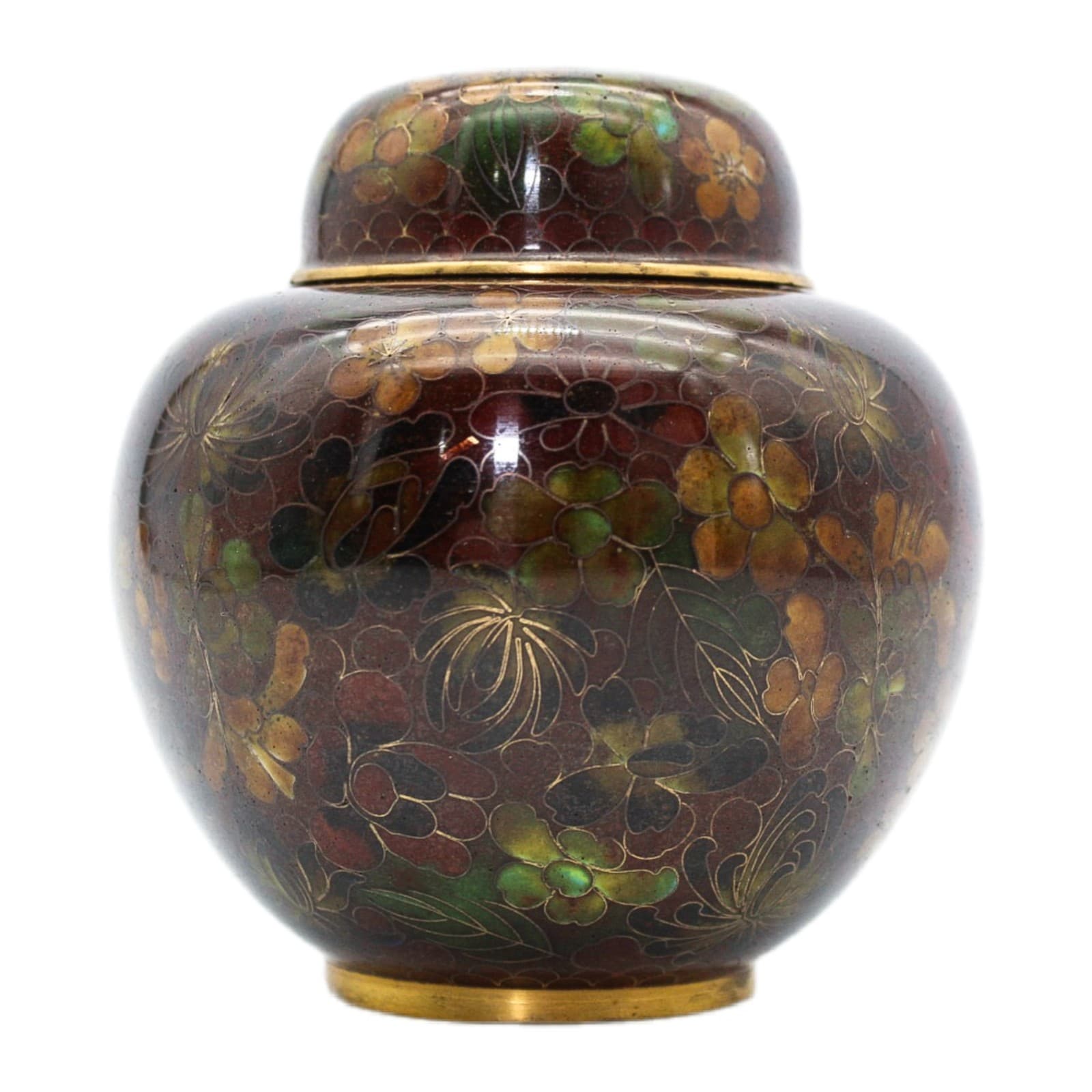 Vintage Chinese Cloisonne Floral Motif Earthy Tones Lidded Ginger Jar 4" - Image 1